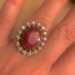 Sterling Silver Oval faceted rough ruby ring with crystals